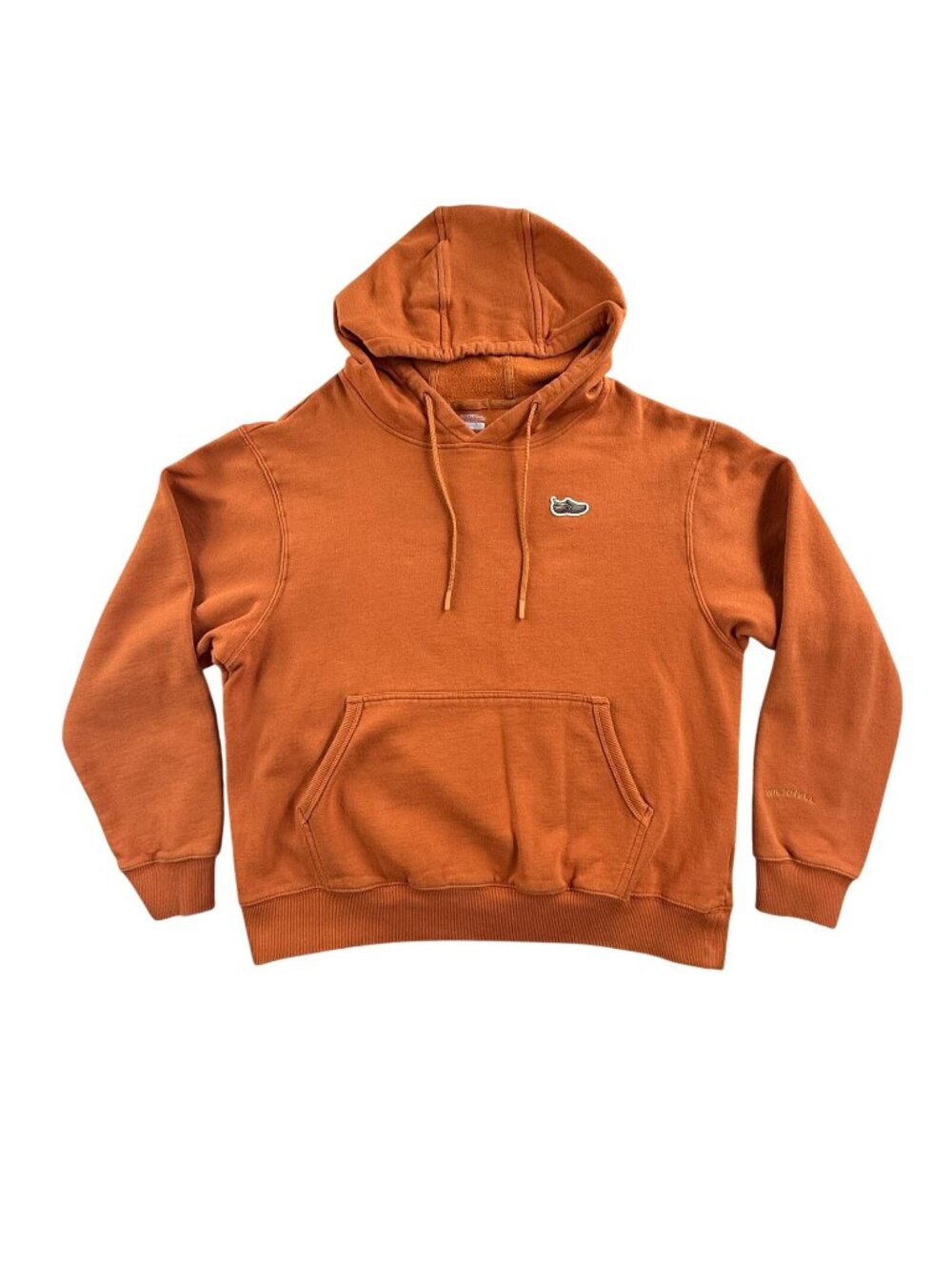 Merrell Hoodie Womens Medium Orange Fleece Pullover Kangaroo Pocket Shoe Patch